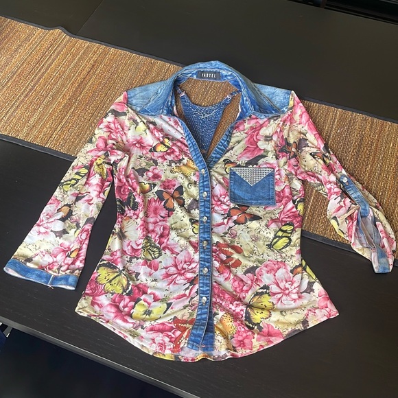 Pastel Tops - Pastels Butterly Floral Denim Trim Rhinstone Blouse Large Front Button Down
